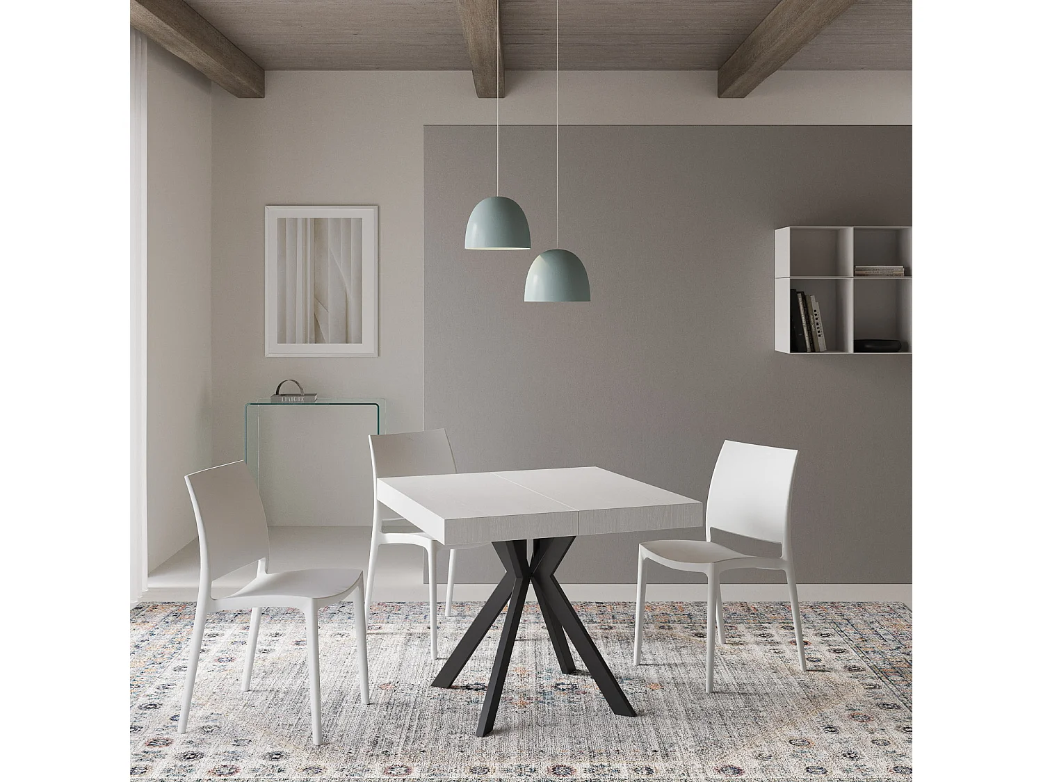 Table extensible 90/194x90 cm Dolcezza effet bois, frêne blanc pieds anthracite