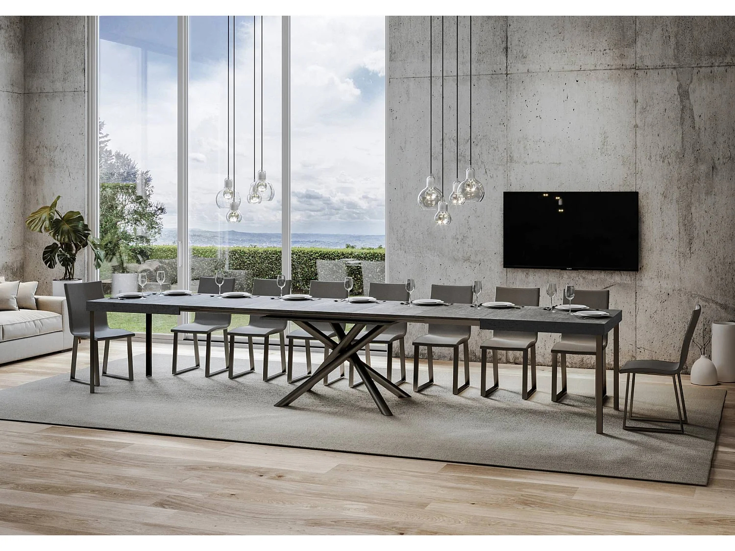 Uitschuifbare tafel 90x200/460 cm Famas cement frame antraciet