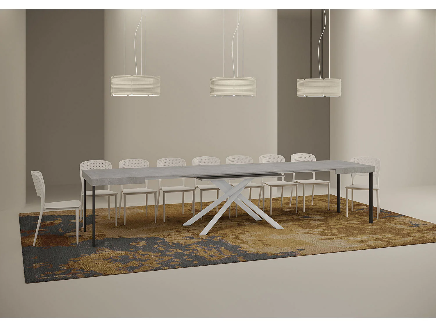 Table extensible 120/380x90 cm Karida gris béton pieds blancs