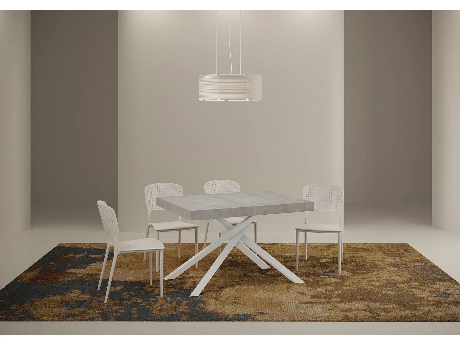 Table extensible 120/380x90 cm Karida gris béton pieds blancs
