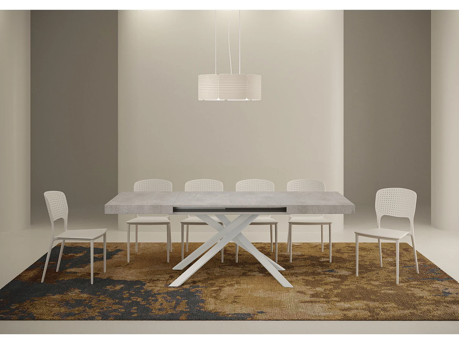 Table extensible 120/380x90 cm Karida gris béton pieds blancs