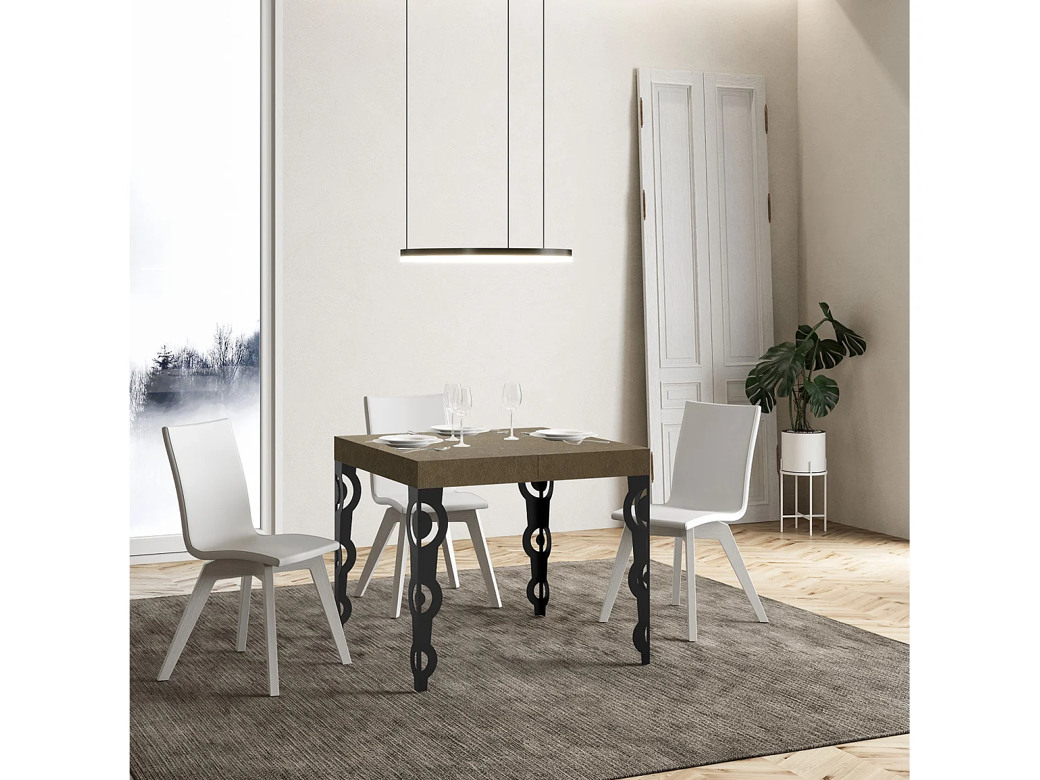 Karamay ausziehbarer Tisch 90/246x90 cm taubengrau mit anthrazitfarbenen Beinen