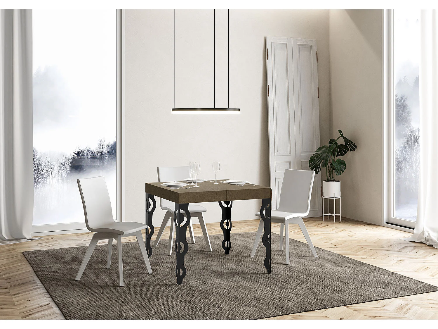 Stół rozkładany 90/246x90 cm Karamay szaro-beżowy nogi antracytowe