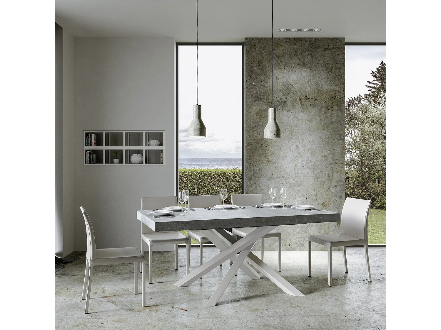 Uitschuifbare tafel 200/304x90 cm Volantis cement met wit poten