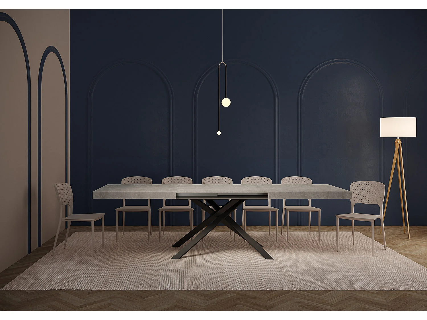 Table extensible 160/244x80 cm Karida gris béton pieds blancs