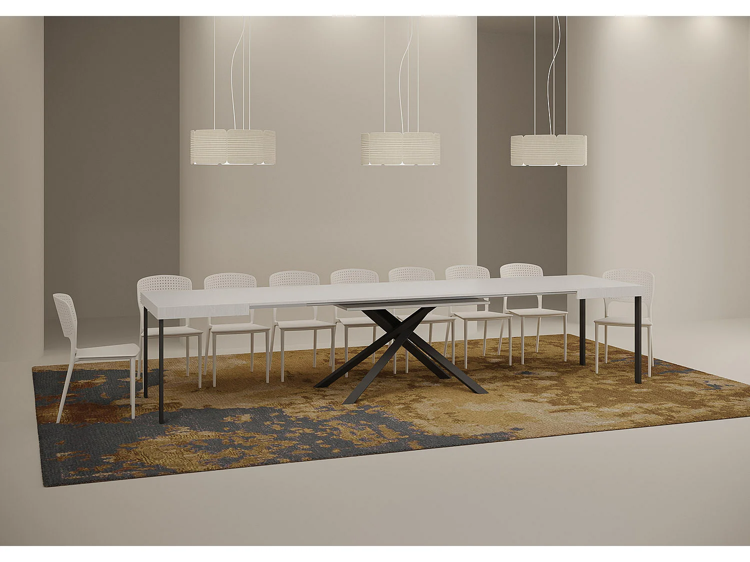 Table extensible 120/380x90 cm Karida frêne blanc pieds anthracite