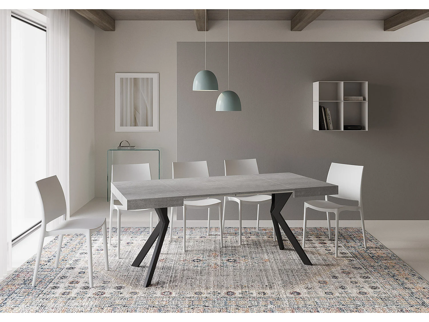 Table extensible 90x90/194 cm Dolcezza gris béton pieds anthracite