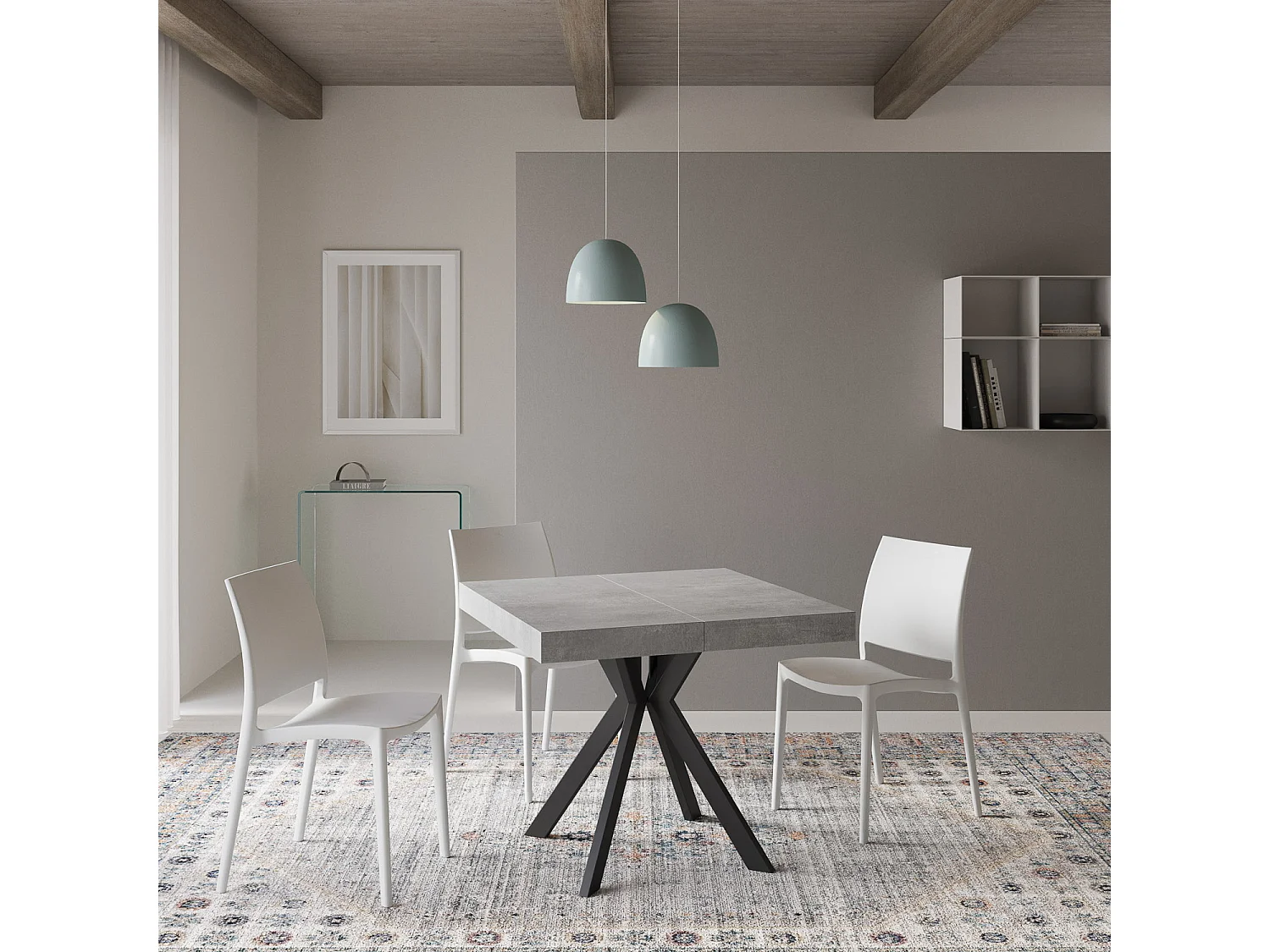 Table extensible 90/194x90 cm Dolcezza effet gris béton pieds anthracite