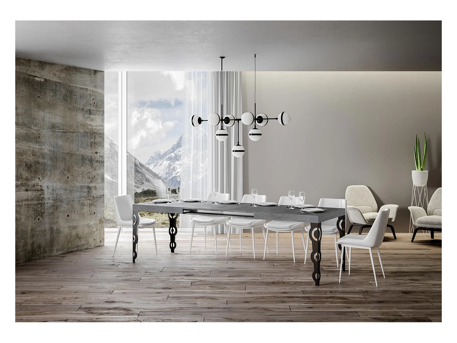 Table extensible 90x200/304 cm Karamay Gris Béton cadre Anthracite