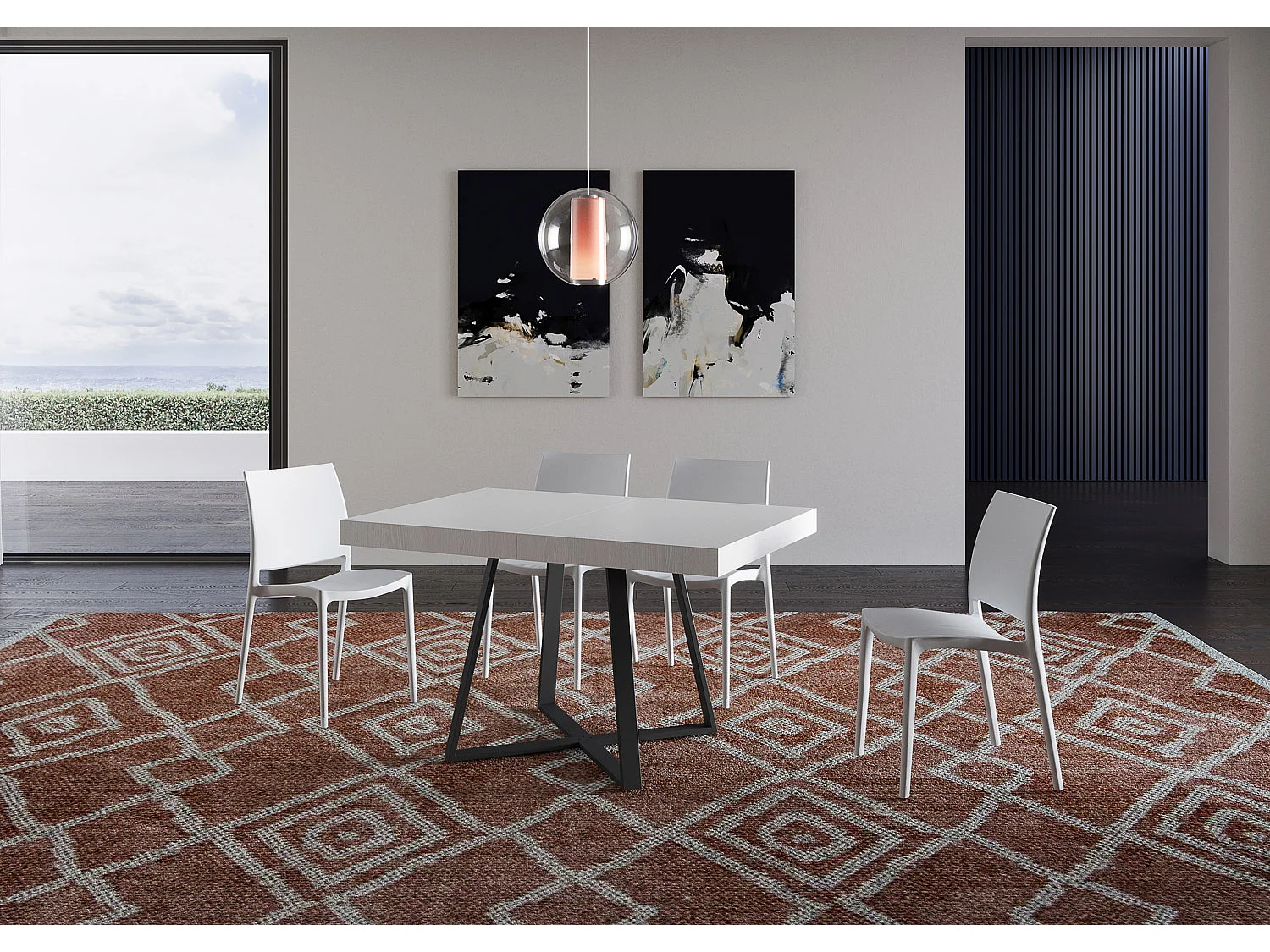 Table extensible 130/390x90 cm Abbraccio effet bois, frêne blanc pieds anthracite