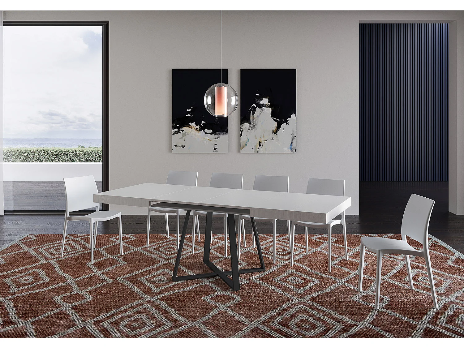 Table extensible 130/390x90 cm Abbraccio effet bois, frêne blanc pieds anthracite