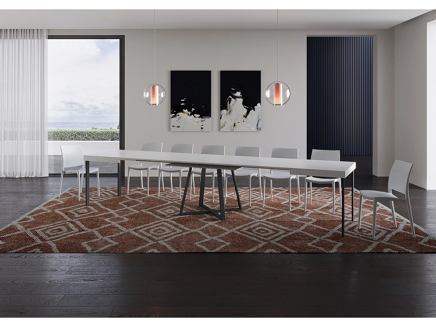 Table extensible 130/390x90 cm Abbraccio effet bois, frêne blanc pieds anthracite