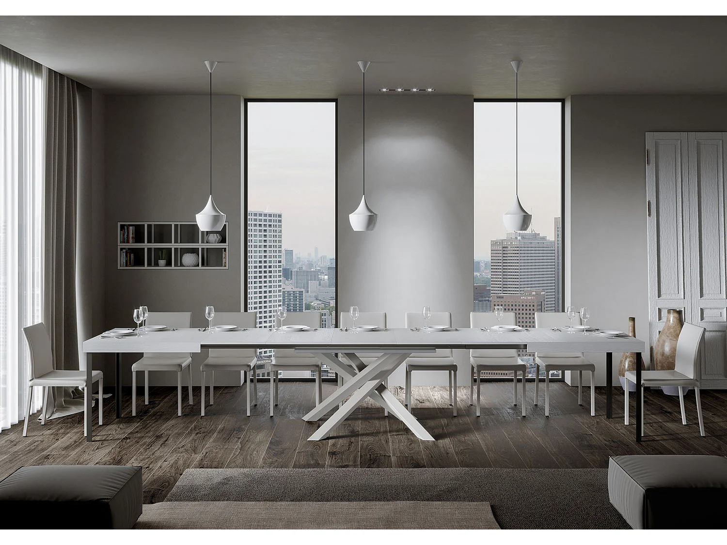 Tavolo allungabile 180/440x90 cm Volantis bianco frassino gambe bianche