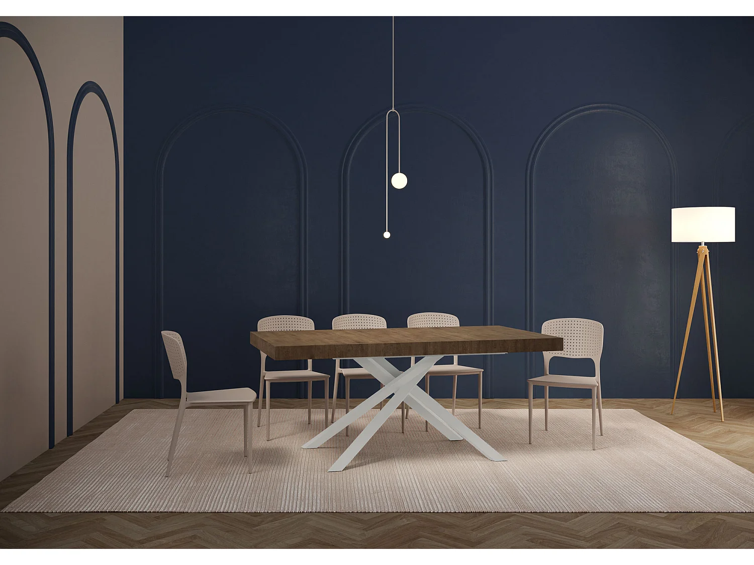 Table extensible 200/460x90 cm Karida effet bois, noyer pieds blancs
