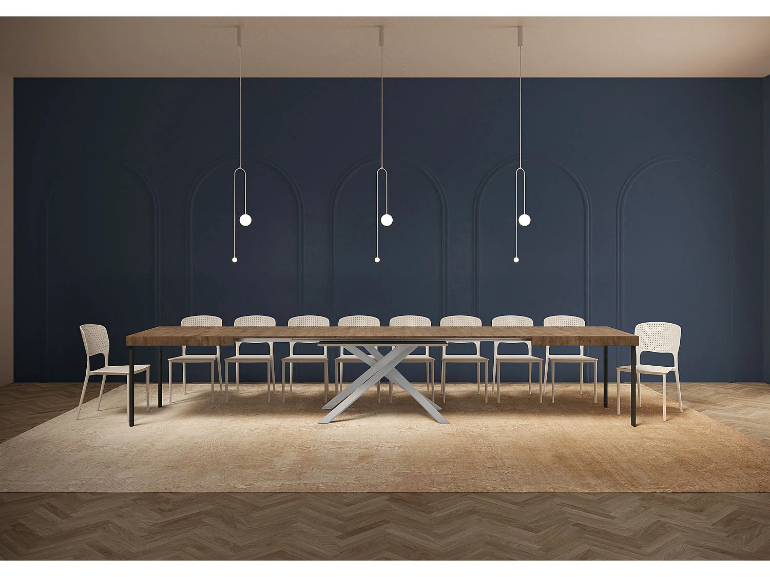 Table extensible 200/460x90 cm Karida effet bois, noyer pieds blancs