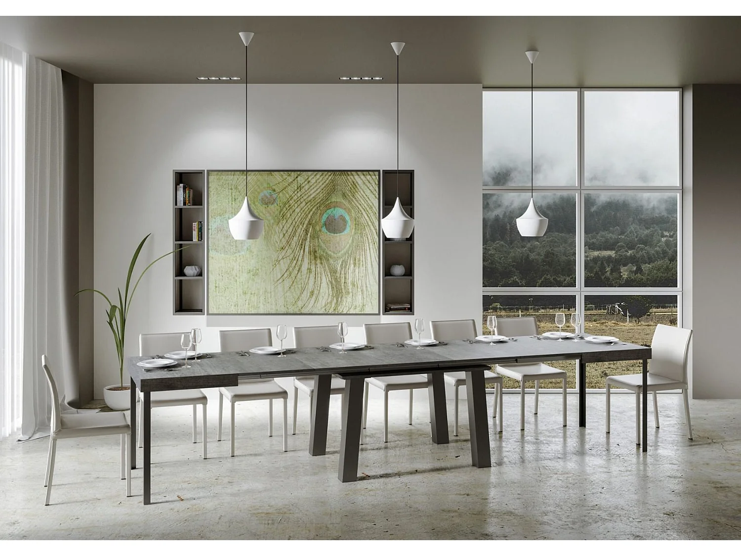 Table extensible 90x200/460 cm Bridge Gris Béton cadre Anthracite