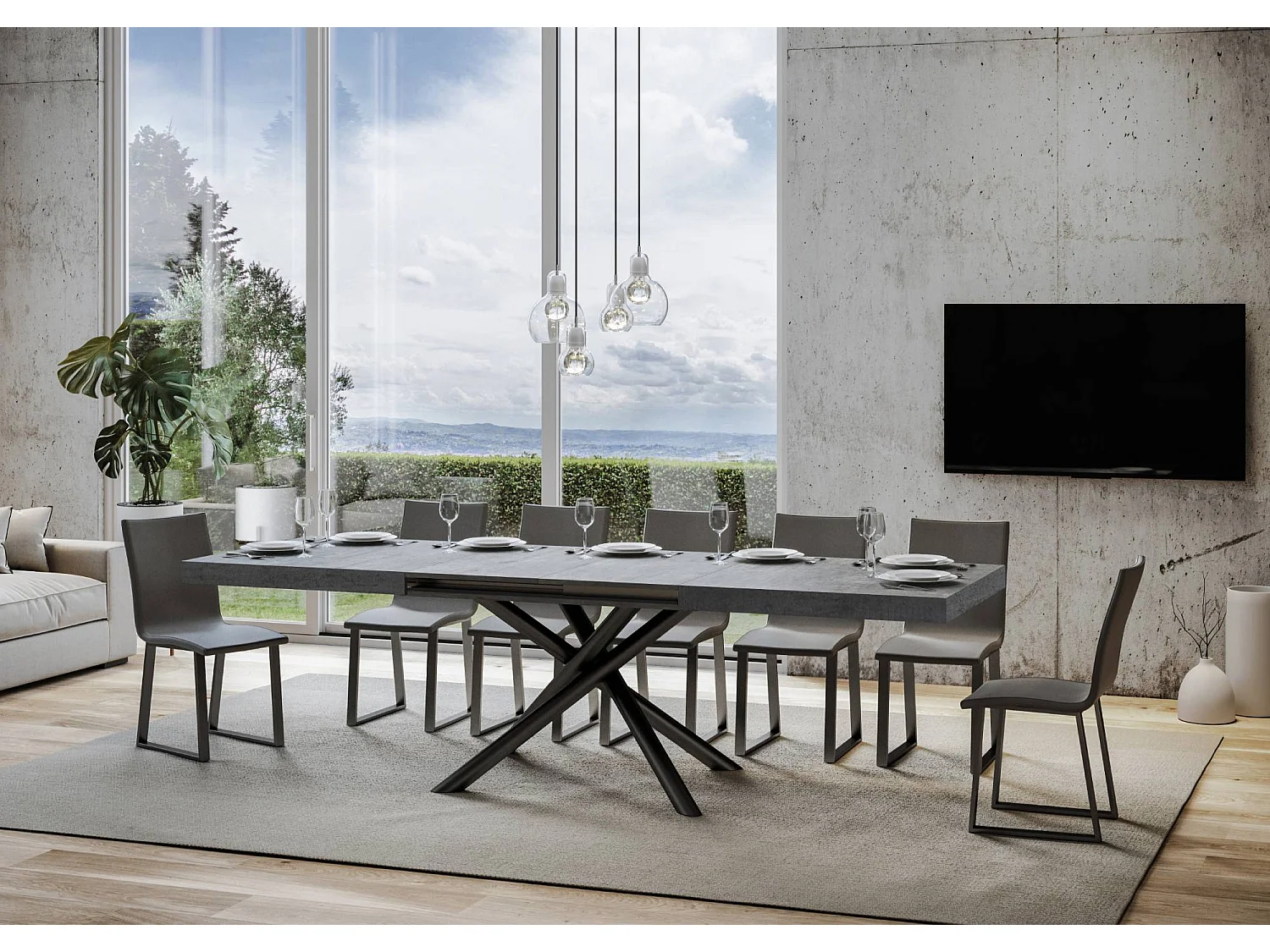 Table extensible 90x200/304 cm Famas Gris Béton cadre Anthracite