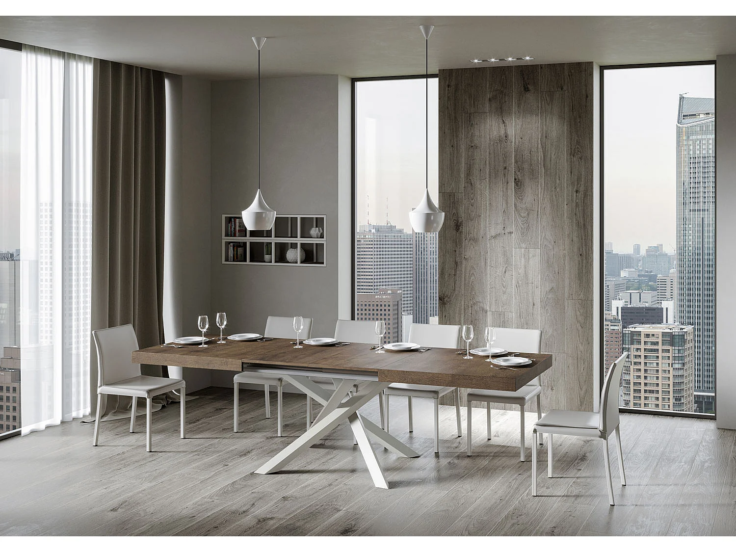 Table extensible 200/460x90 cm Volantis noyer pieds blancs