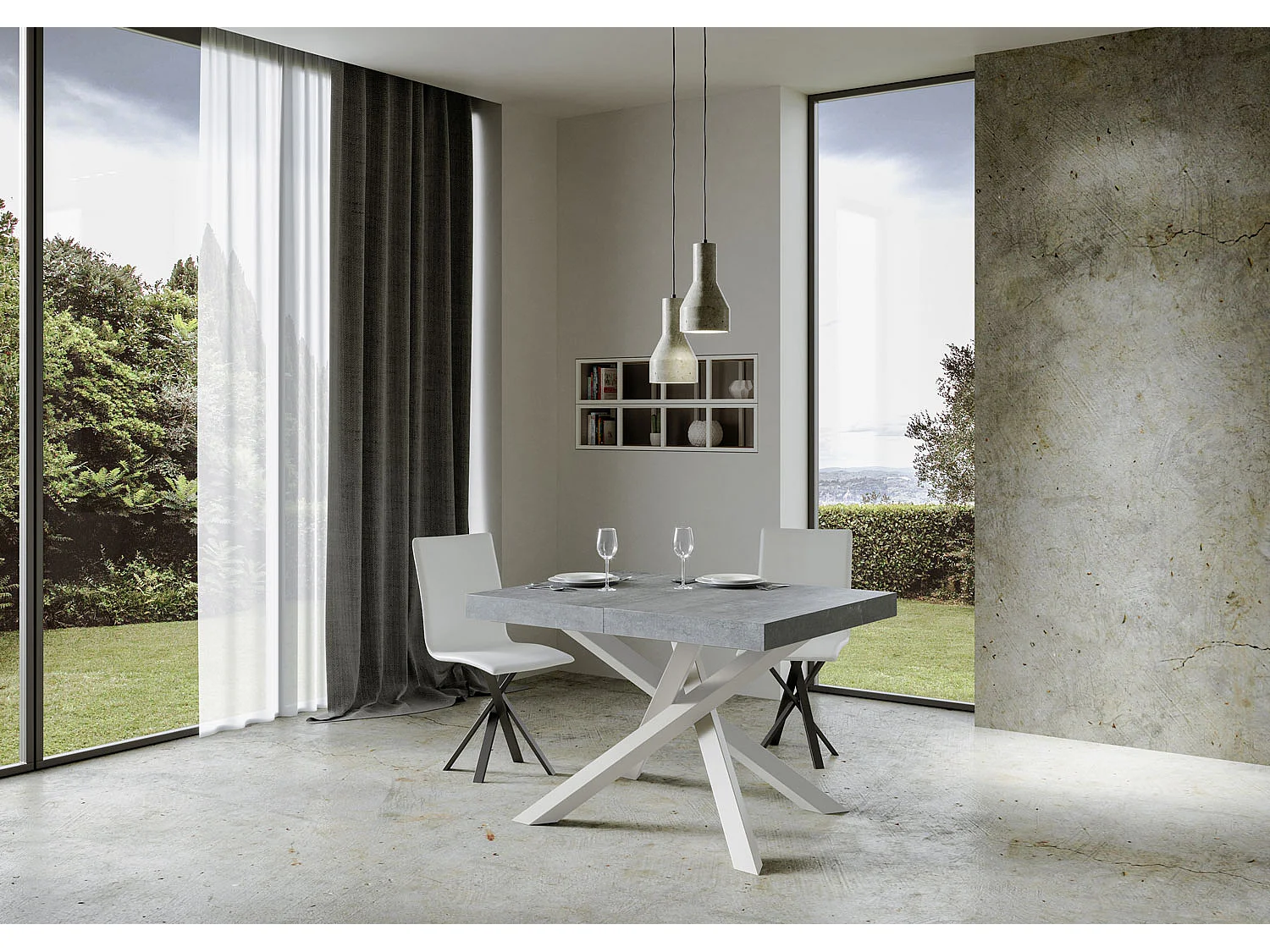 Table extensible 120/224x90 cm Volantis gris béton pieds blancs