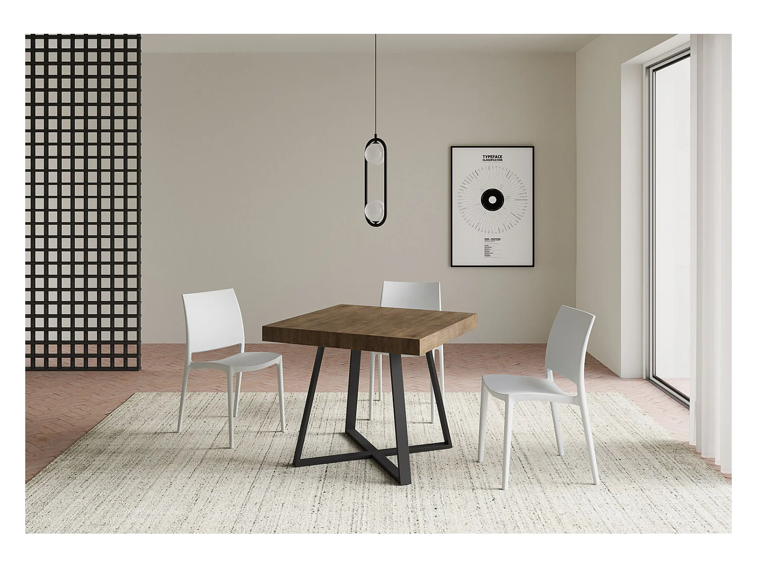 Ausziehtisch 90x90/194 cm Abbraccio Nussbaum mit Eisenrahmen aus Anthrazit