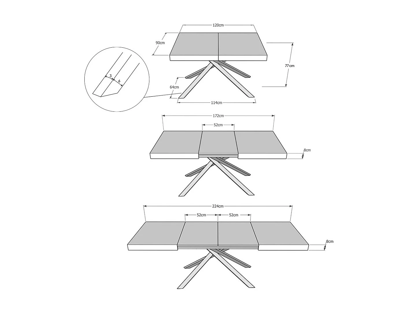Uitschuifbare tafel 90x120/224 cm Karida kasjmier frame antraciet
