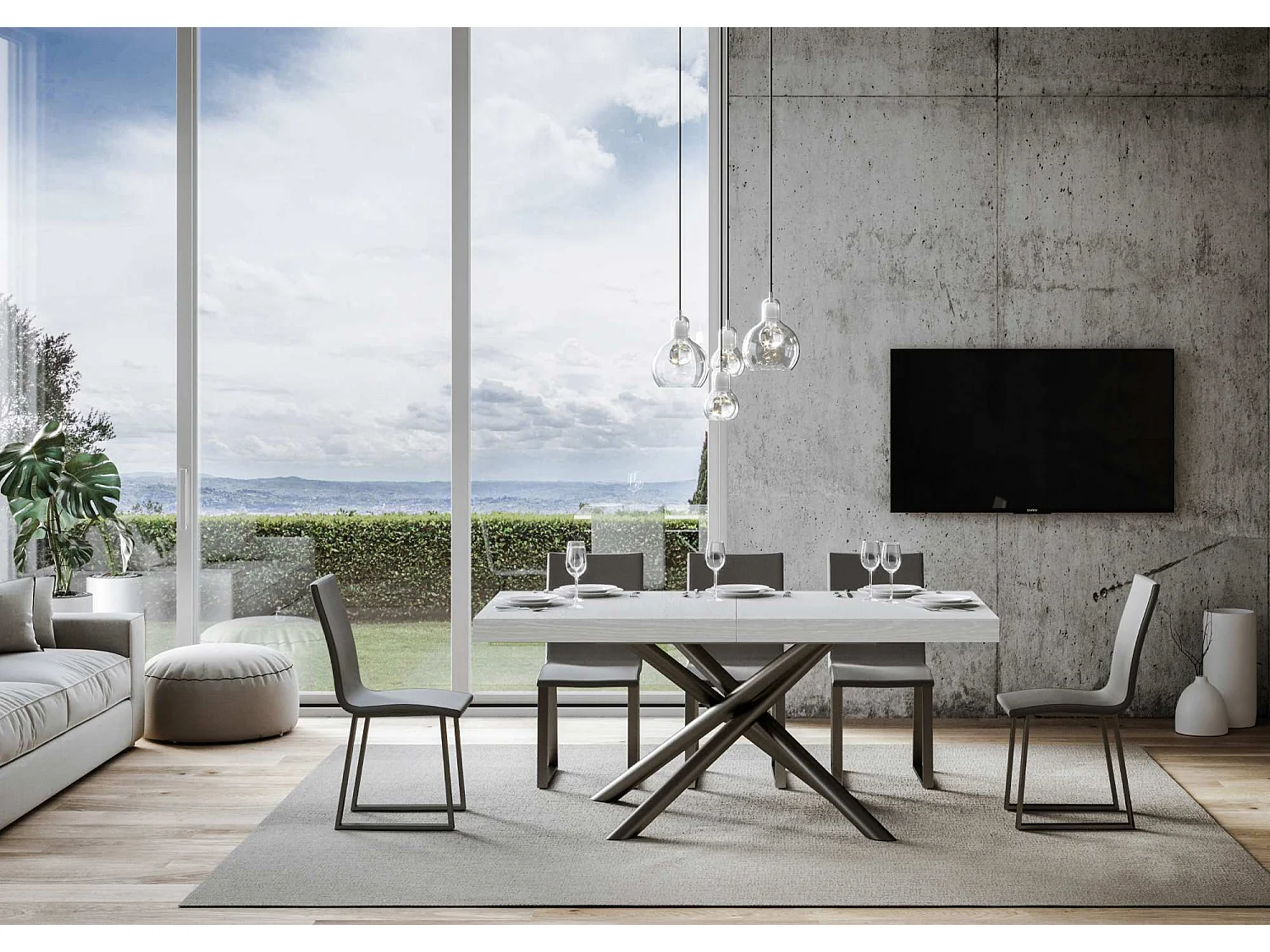 Table extensible 90x200/460 cm Famas Frêne Blanc cadre Anthracite