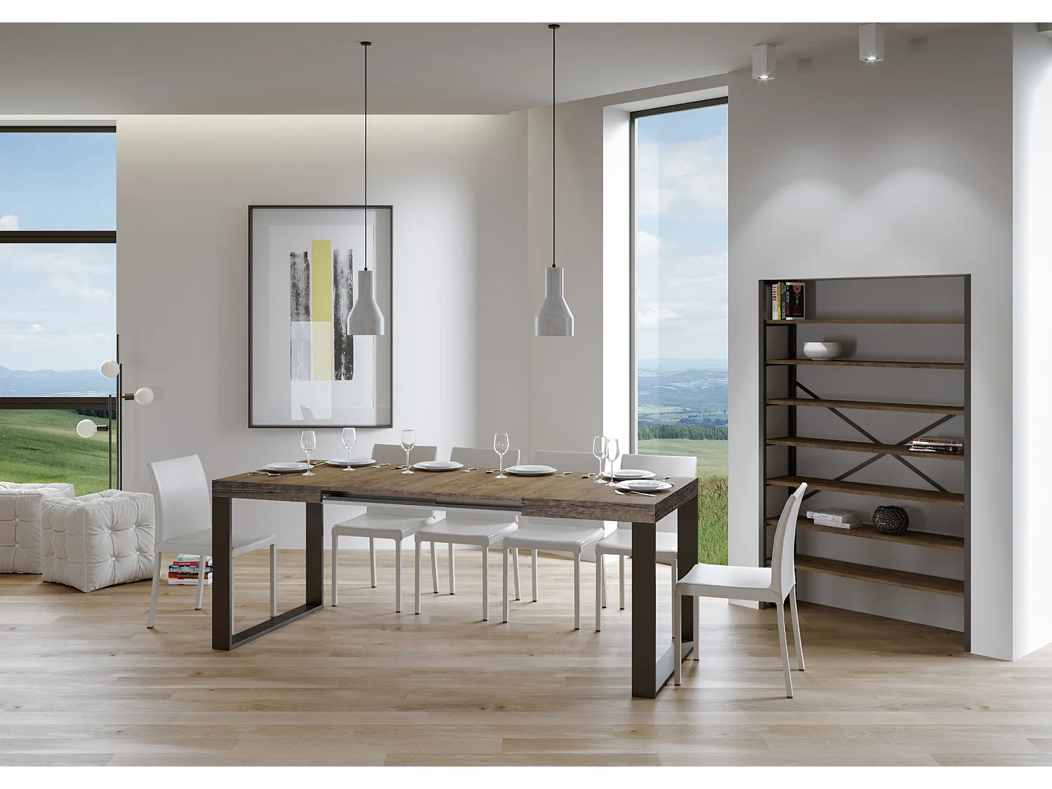 Udtræksbord 200/304x90 cm Tecno valnød med antracit ben