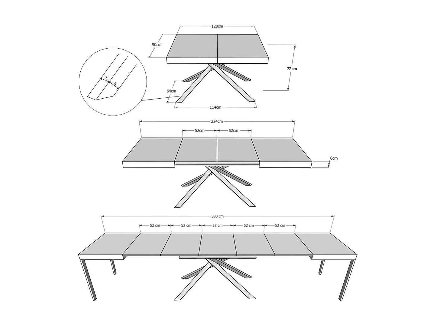 Table extensible 90x120/380 cm Karida cachemire pieds anthracite