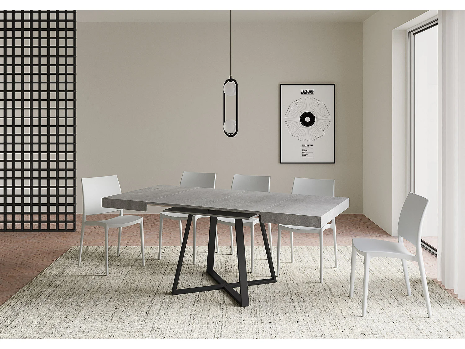 Table extensible 90/194x90 cm Abbraccio effet gris béton pieds anthracite
