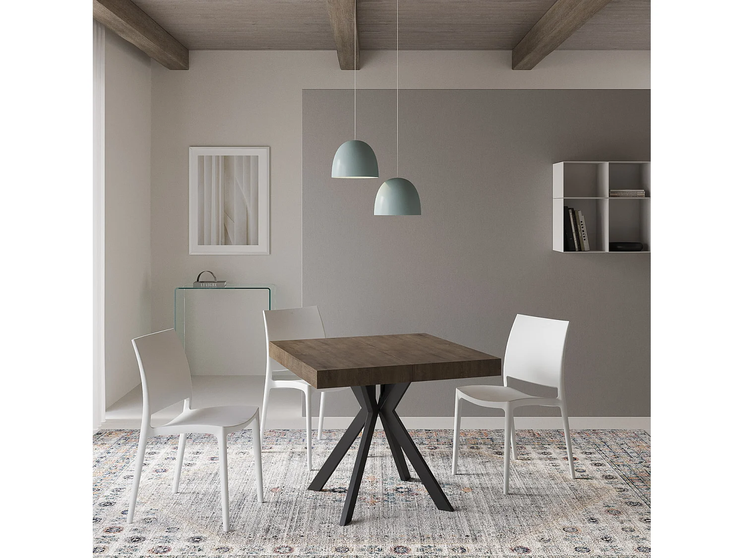 Table extensible 90/194x90 cm Dolcezza effet bois, noyer pieds anthracite