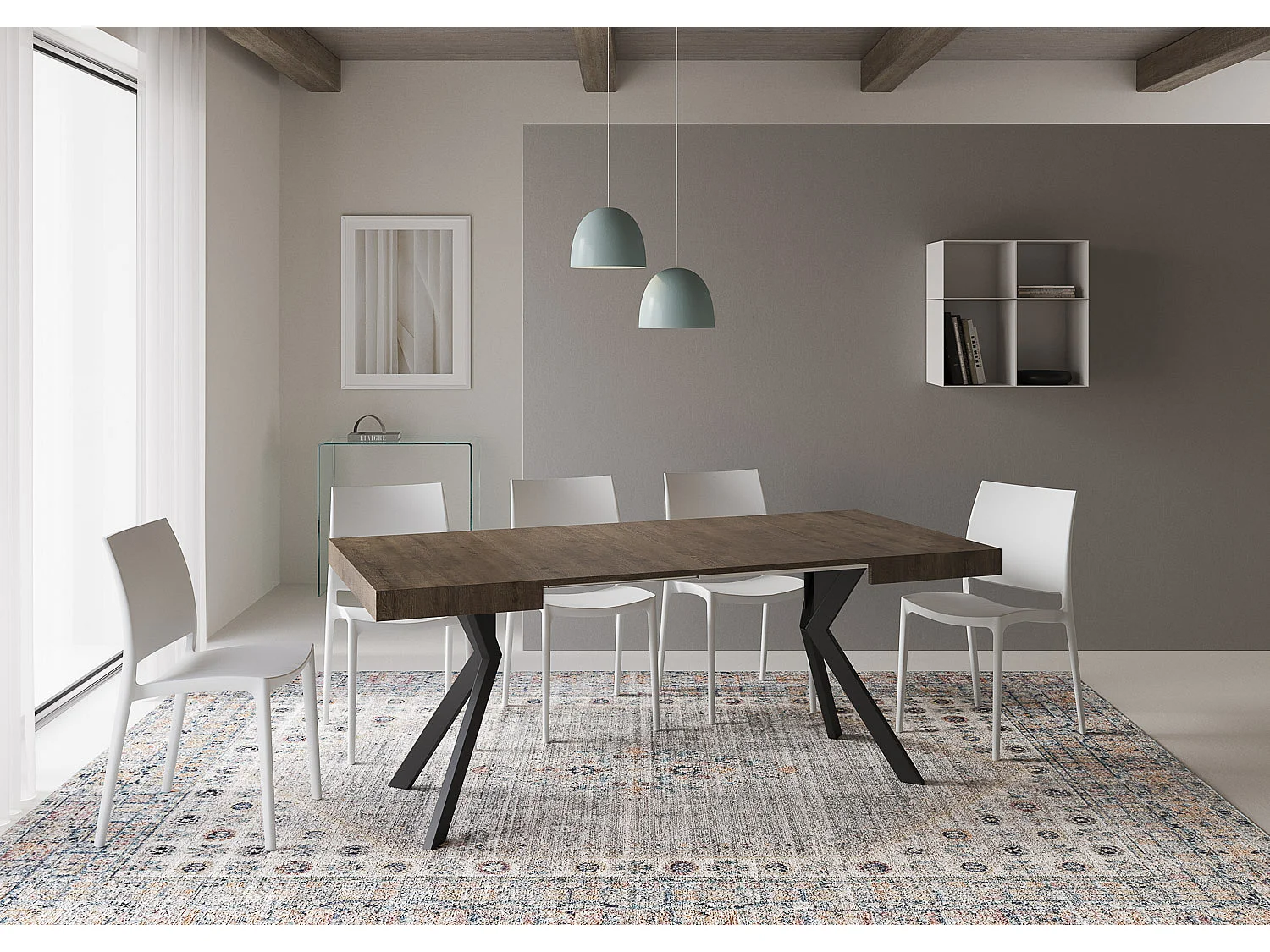 Table extensible 90/194x90 cm Dolcezza effet bois, noyer pieds anthracite