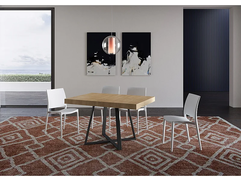 Ausziehtisch 90x130/390 cm Abbraccio Eiche Natur mit Eisenrahmen aus Anthrazit