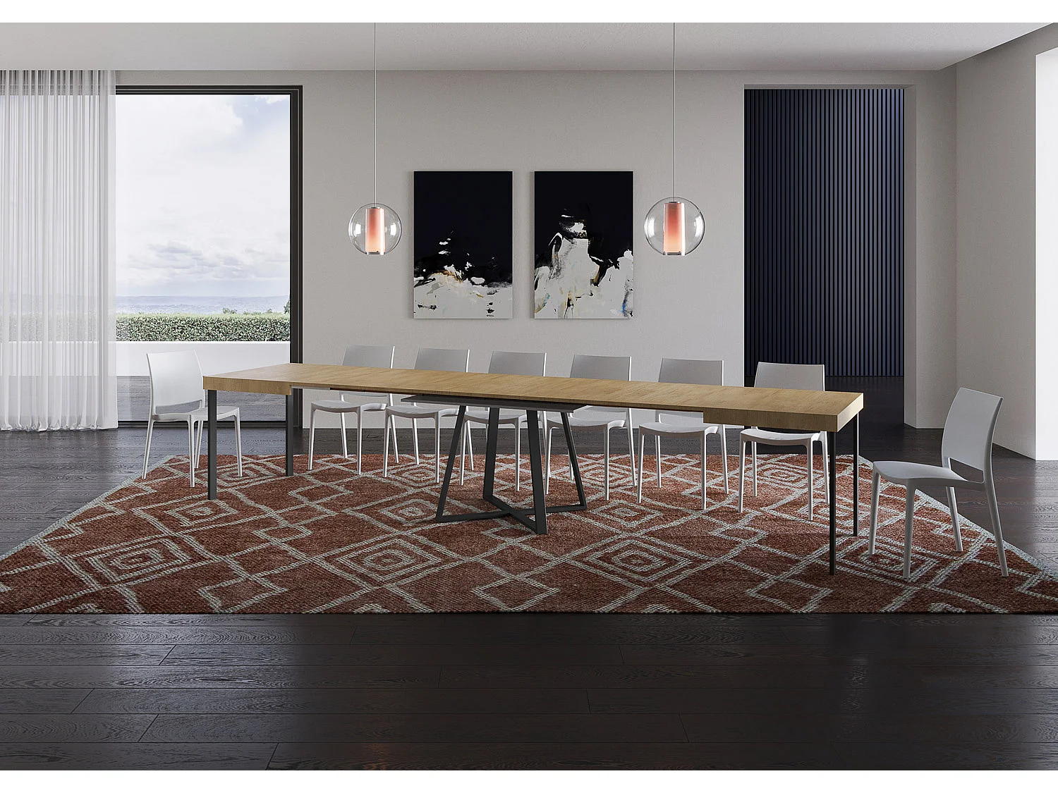 Table extensible 130/390x90 cm Abbraccio effet bois, chêne nature pieds anthracite
