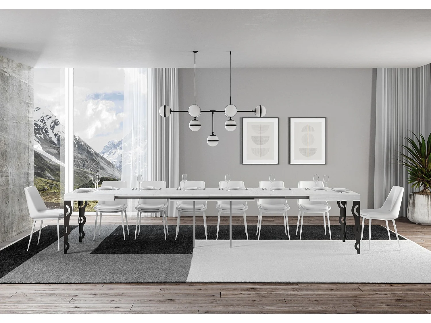 Table extensible 200/460x90 cm Karamay frêne blanc pieds anthracite