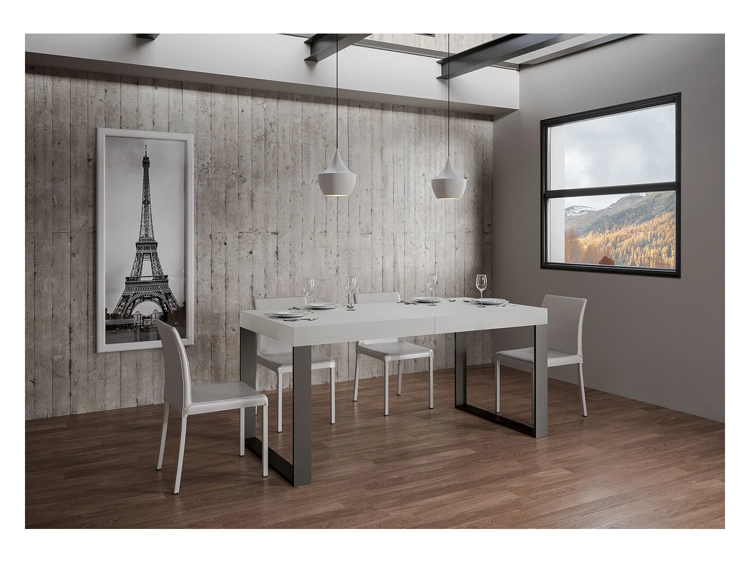 Table extensible 90x200/304 cm Tecno Frêne Blanc cadre Anthracite