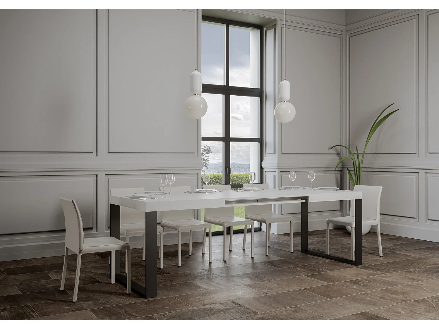Udtræksbord 200/304x90 cm Tecno hvid ask med antracit ben