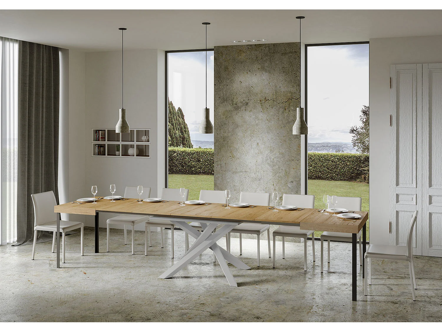 Udtræksbord 130/390x90 cm Volantis natureg med hvide ben