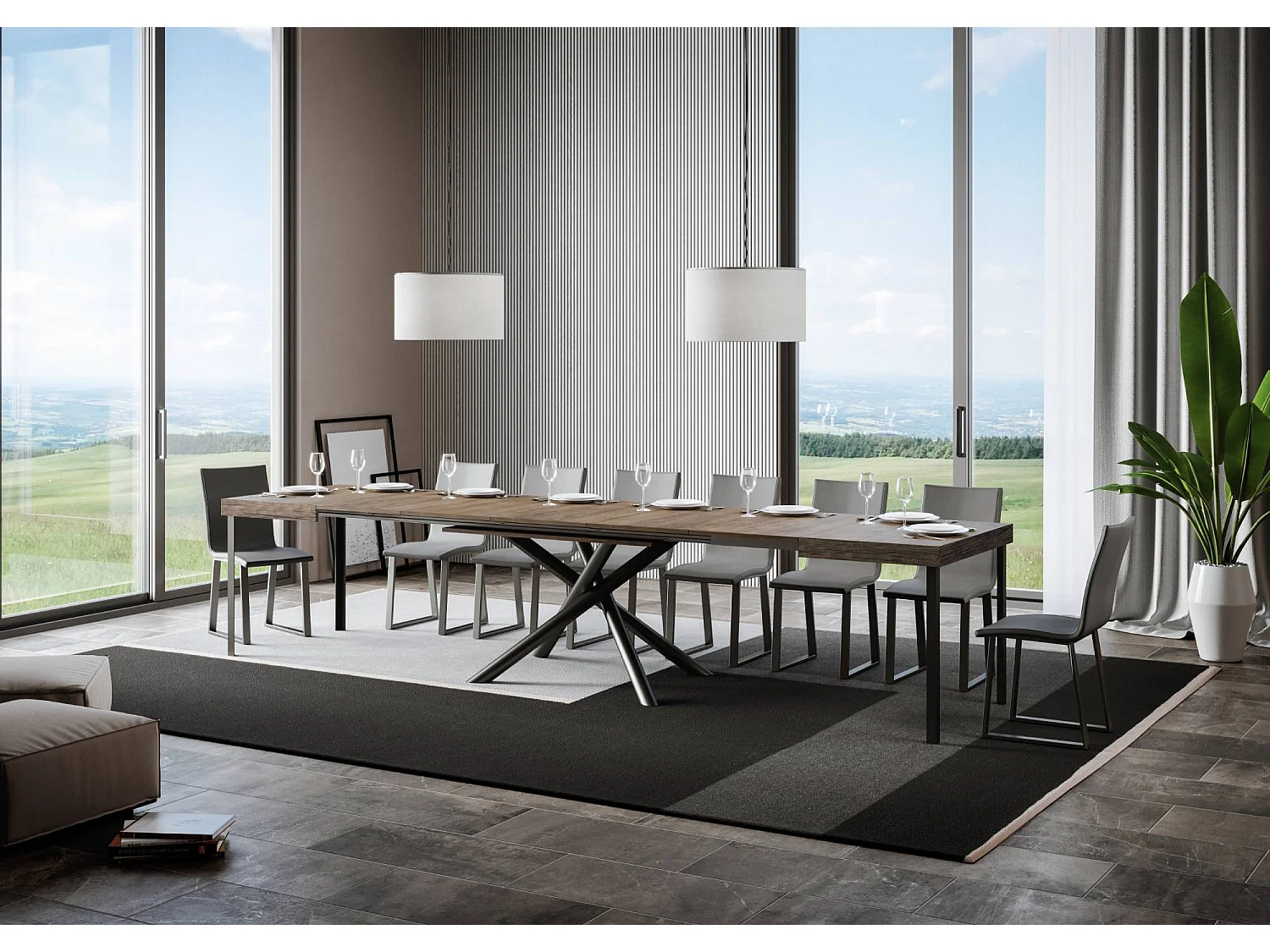 Table extensible 90x140/400 cm Famas Noyer cadre Anthracite