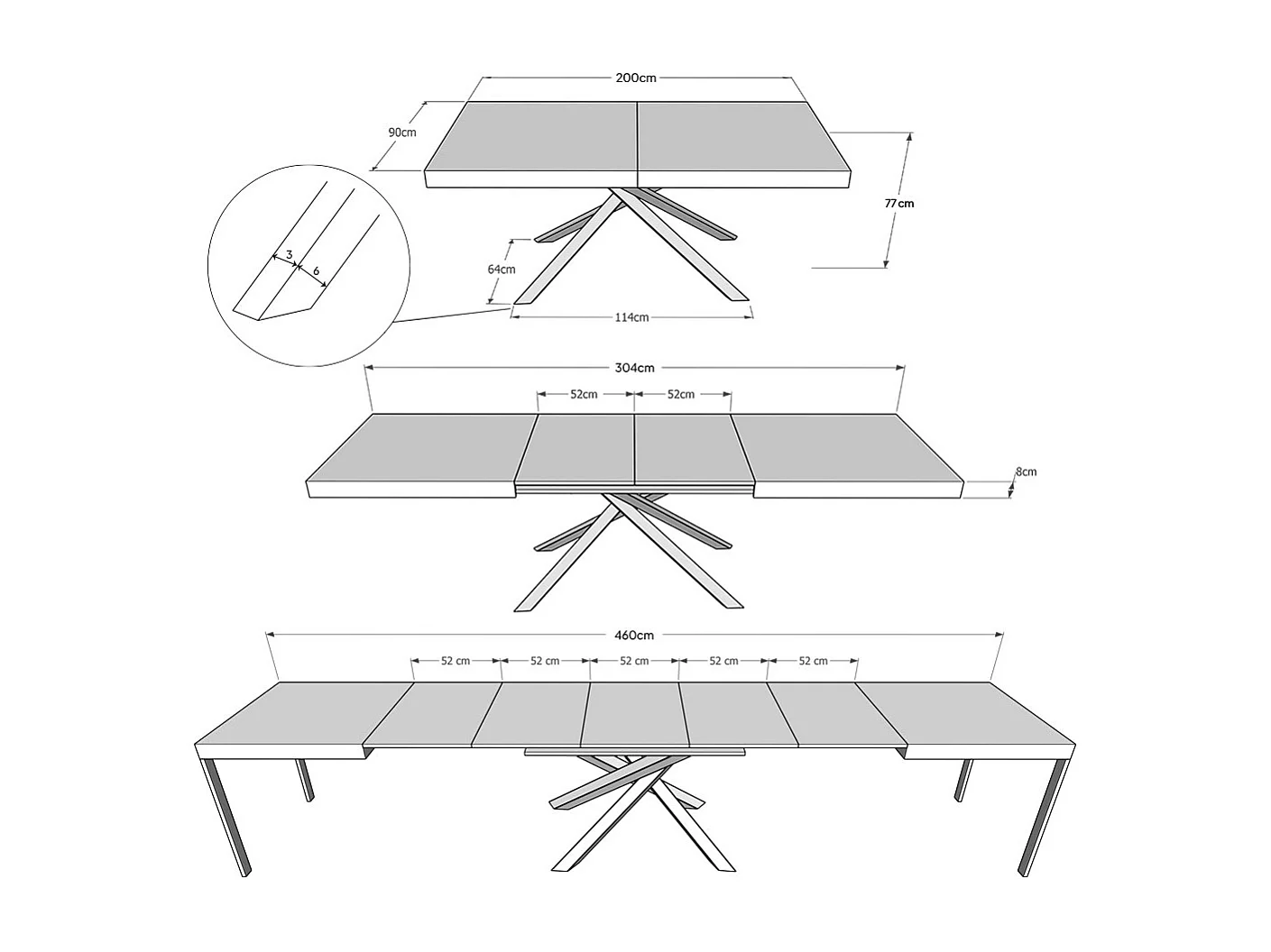 Table extensible 90x200/460cm Karida cachemire pieds anthracite