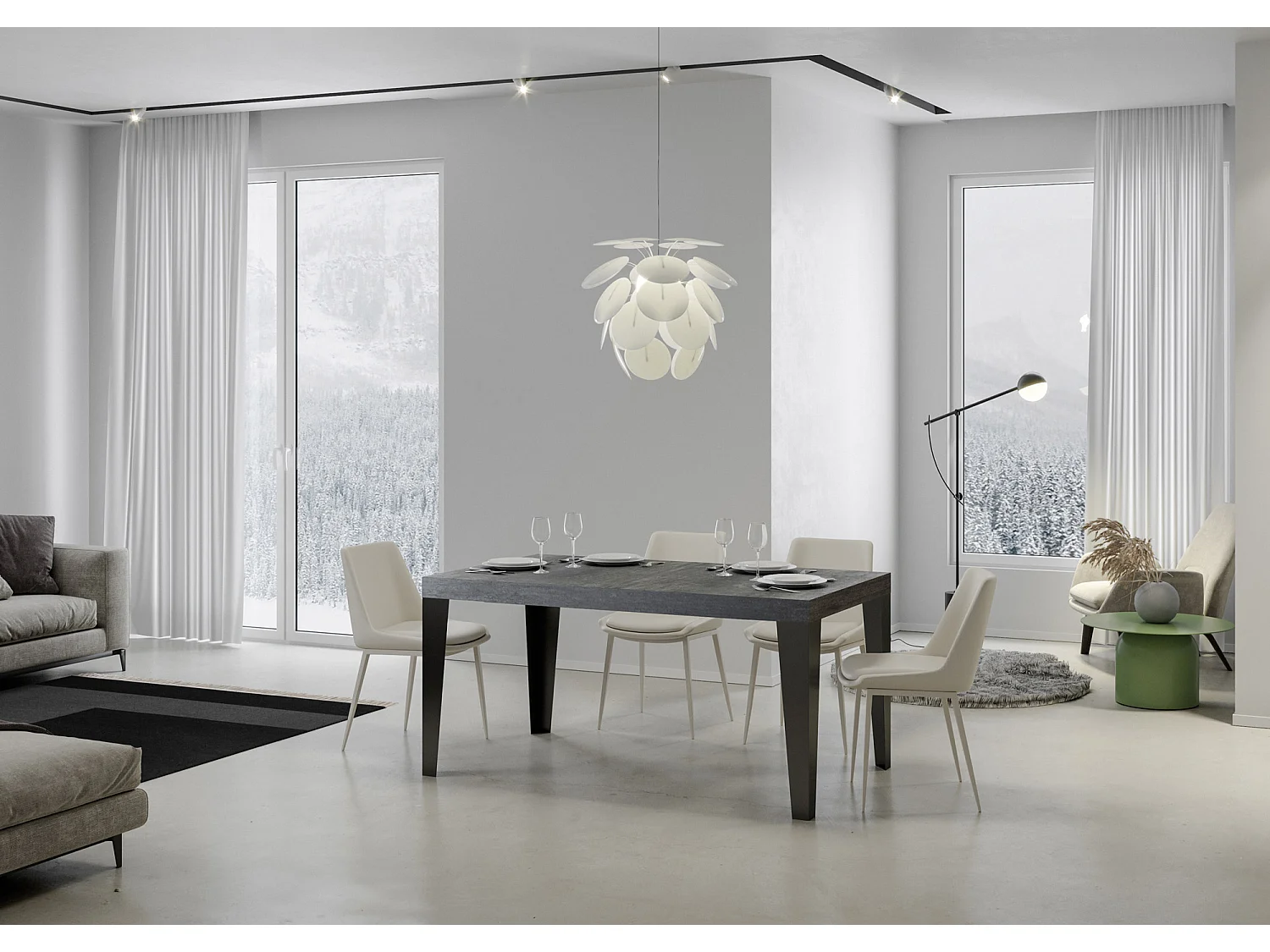 Table extensible 80x140/224 cm Flame Gris Béton cadre Anthracite