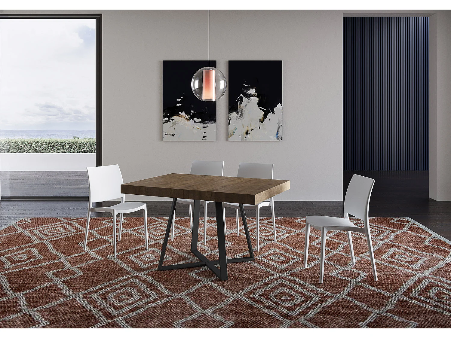 Table extensible 130/390x90 cm Abbraccio effet bois, noyer pieds anthracite