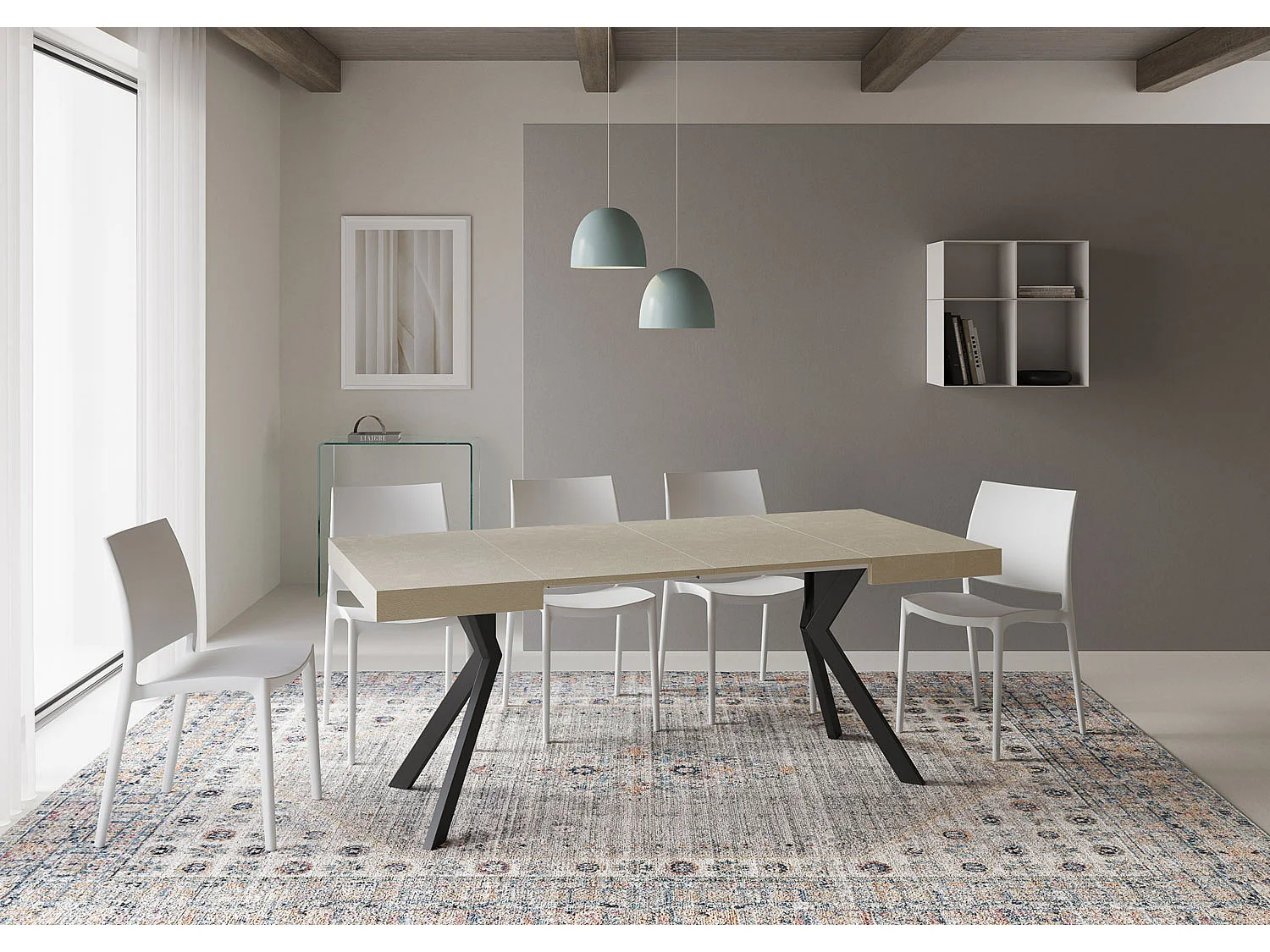 Table extensible 90/194x90 cm Dolcezza cachemire pieds anthracite