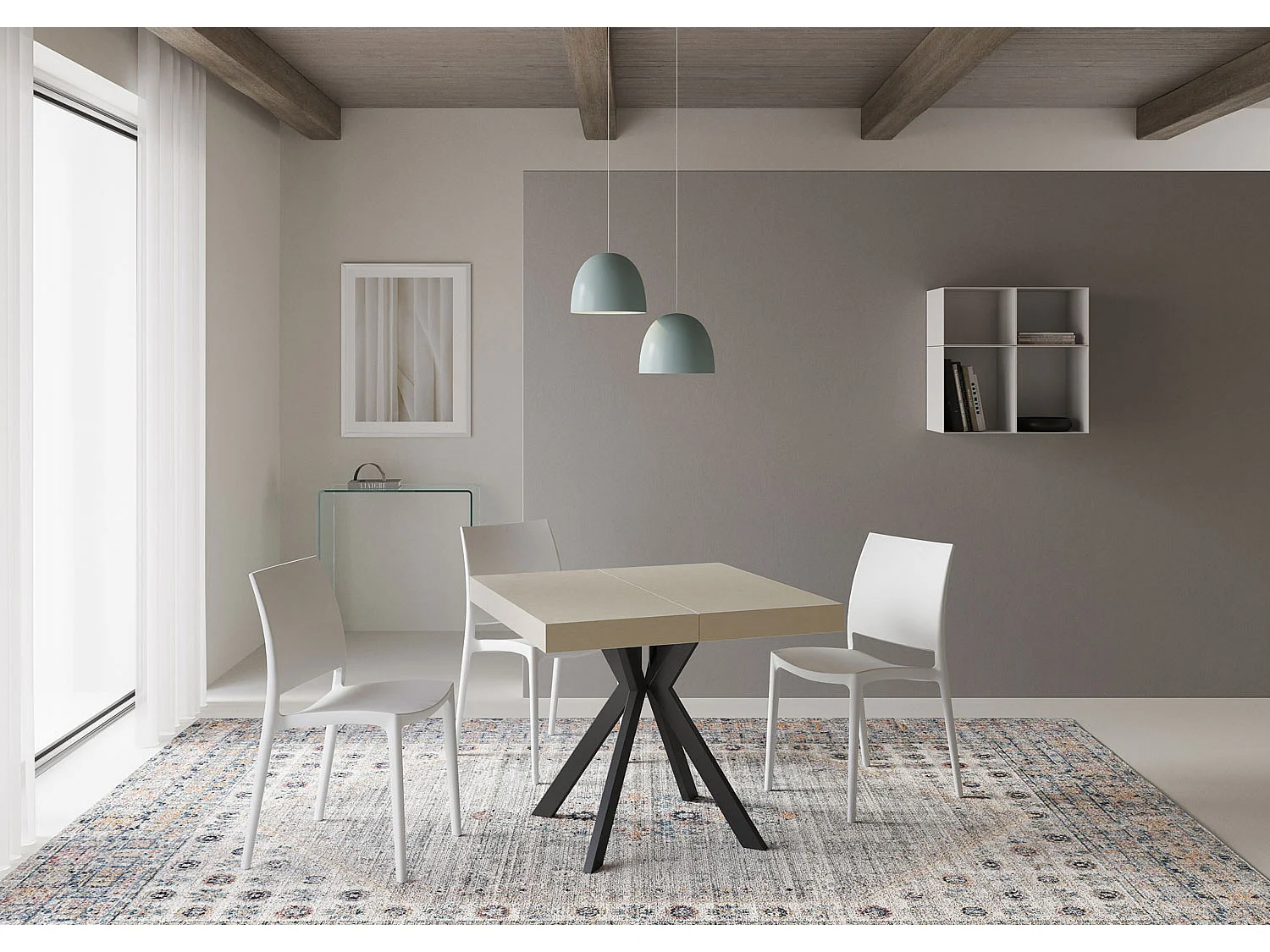 Table extensible 90/194x90 cm Dolcezza cachemire pieds anthracite