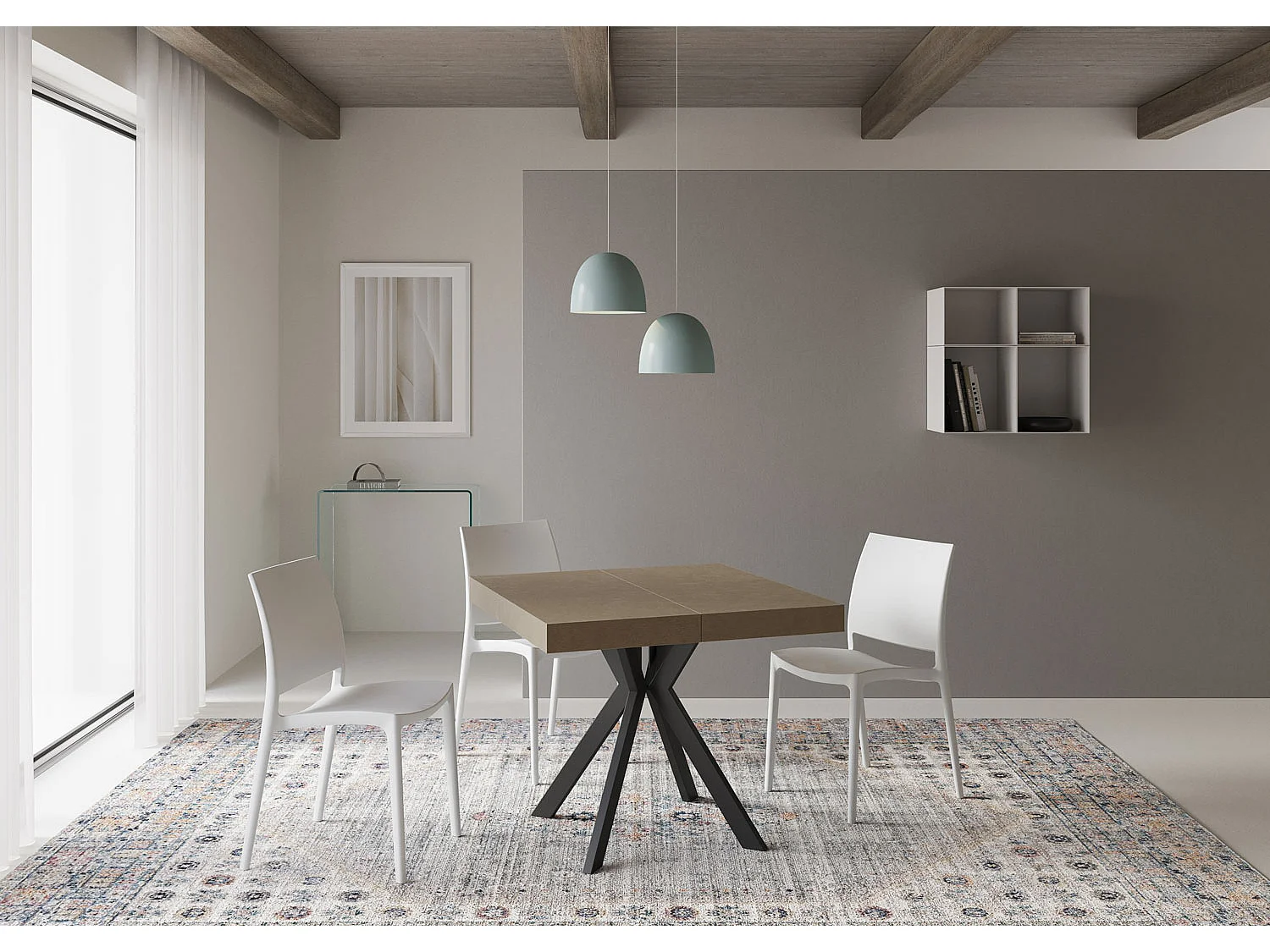 Ausziehtisch 90x90/194 cm Dolcezza Taubengrau mit Eisenrahmen aus Anthrazit