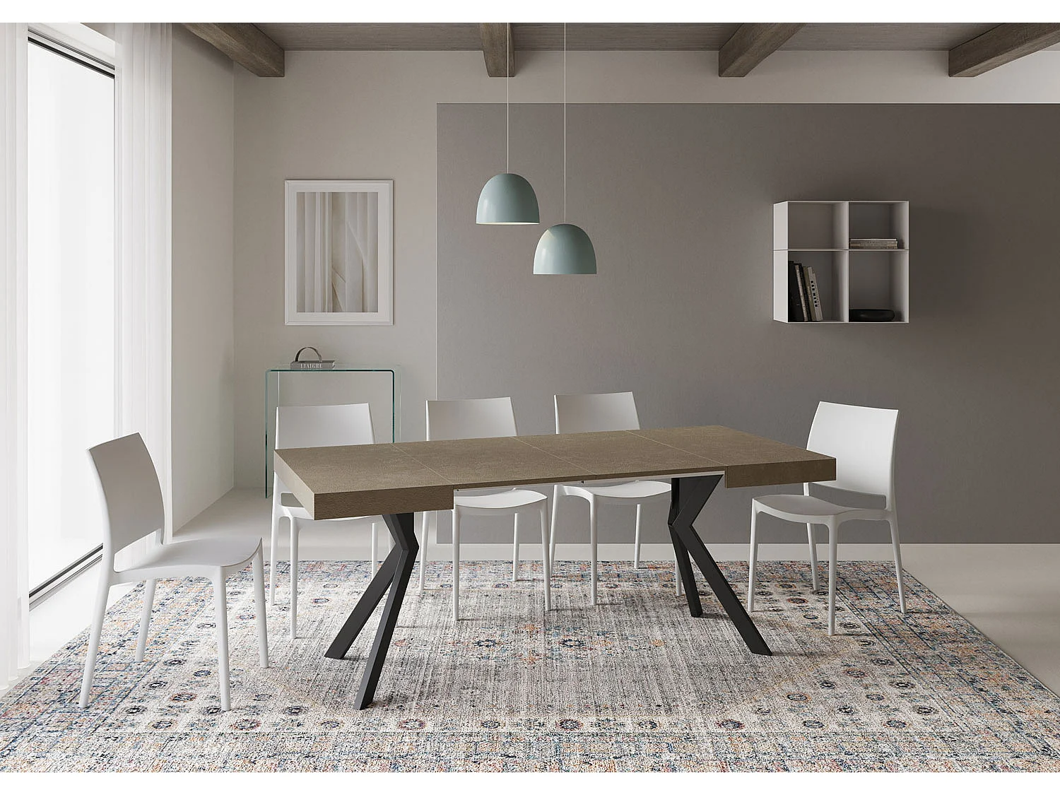 Uitschuifbare tafel 90/194x90 cm Dolcezza taupe met antraciete poten