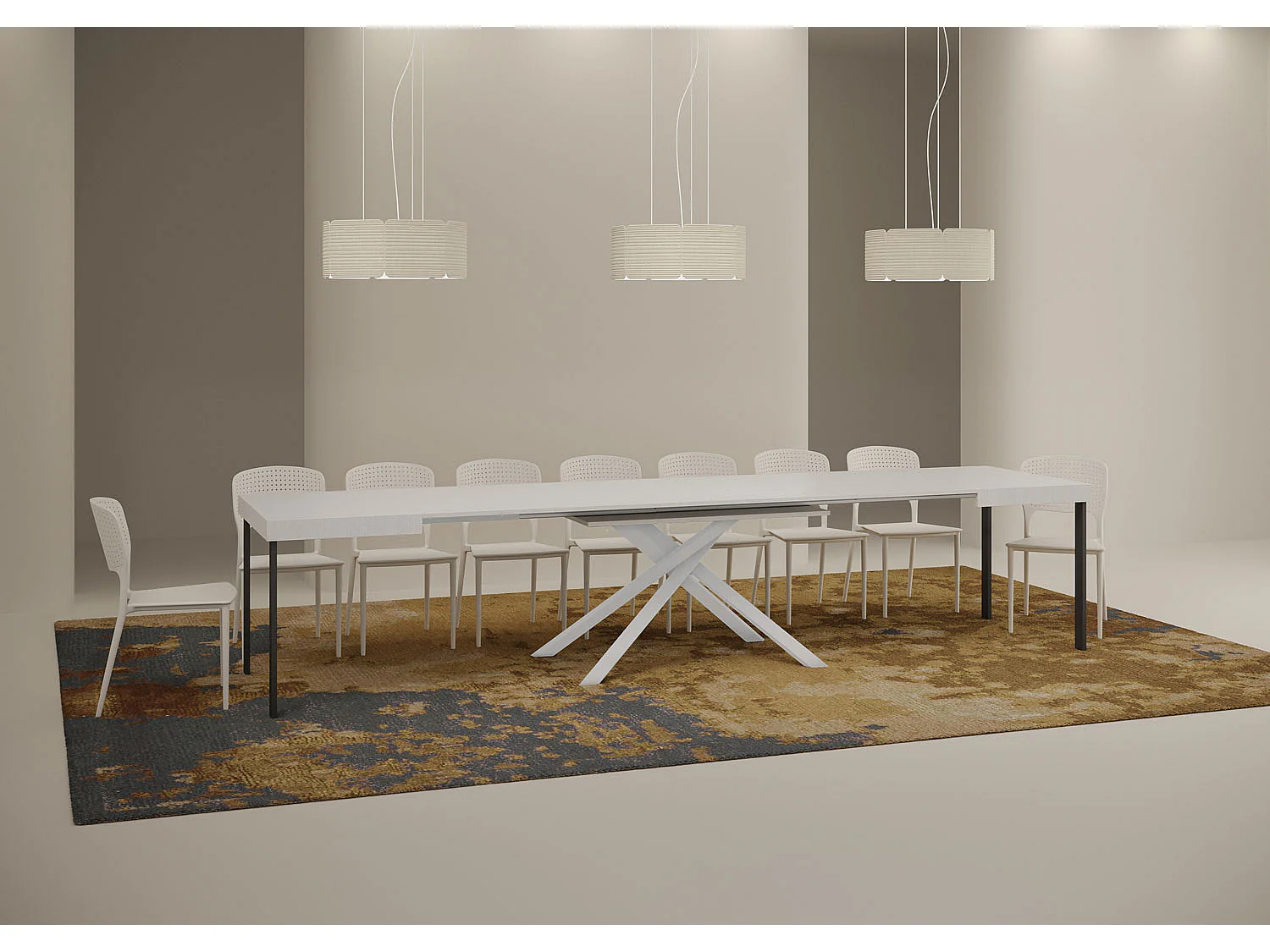 Table extensible 120/380x90 cm Karida frêne blanc pieds blancs