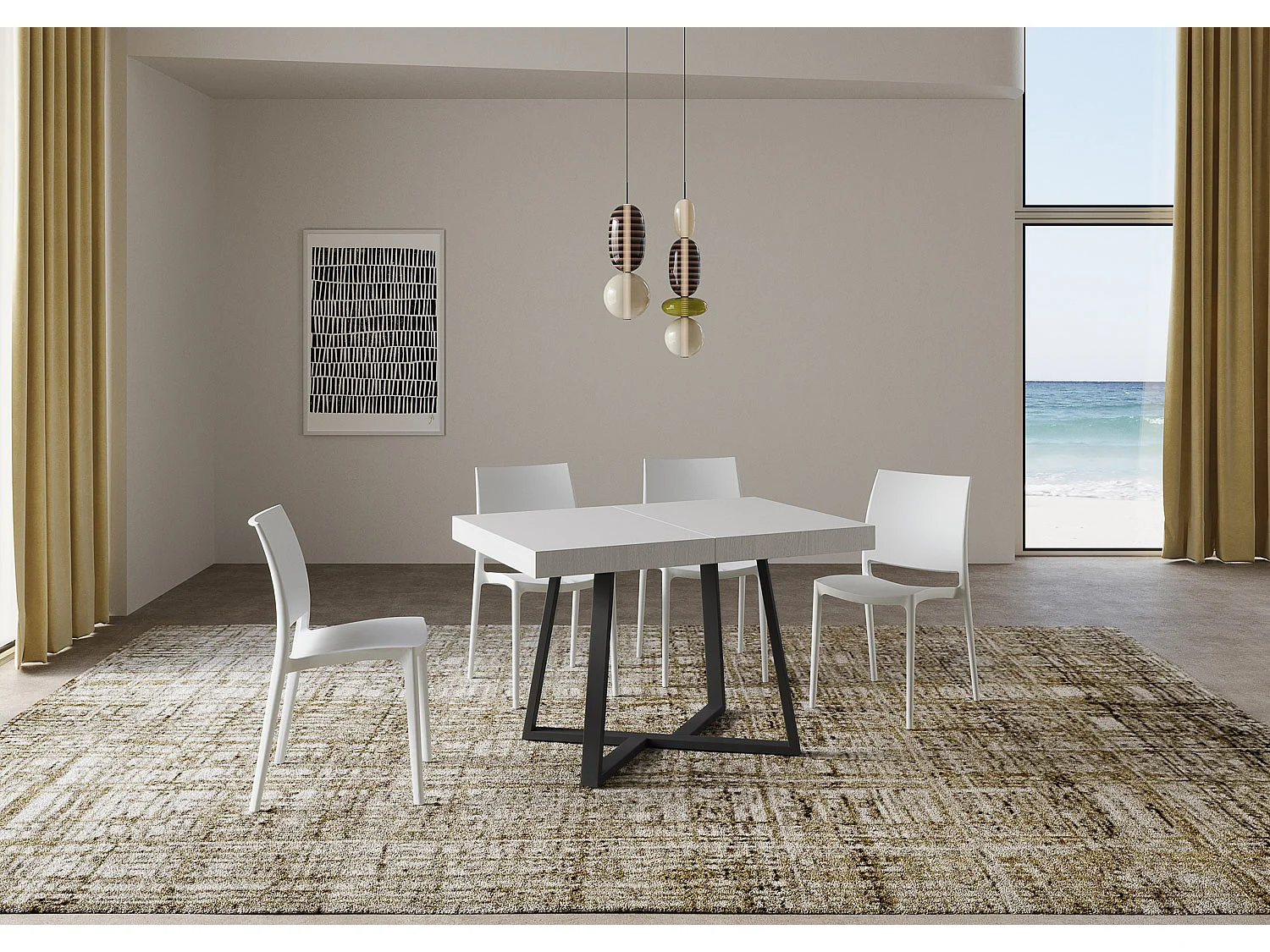 Uitschuifbare tafel 120/224x90 cm Zeplir eiken wit met antraciete poten