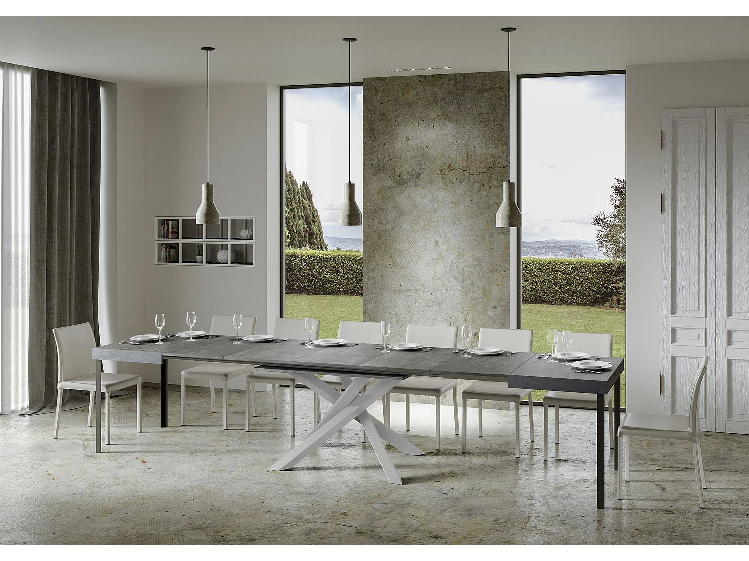 Udtræksbord 130/390x90 cm Volantis beton hvide ben