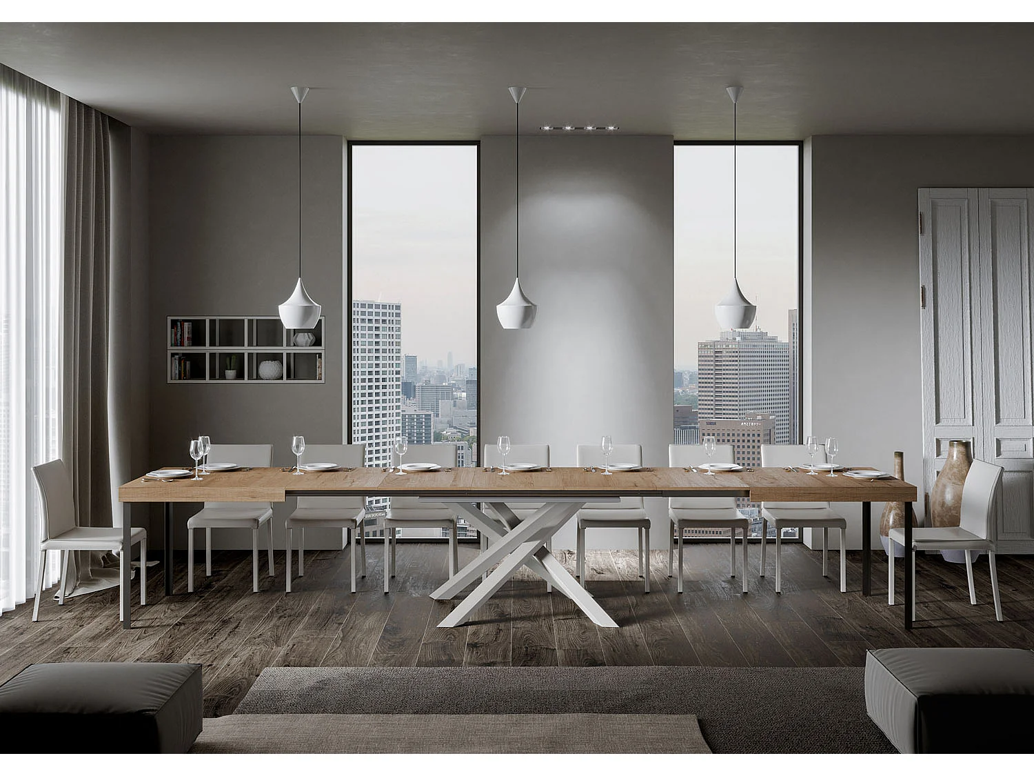Udtræksbord 180/440x90 cm Volantis natureg hvide ben