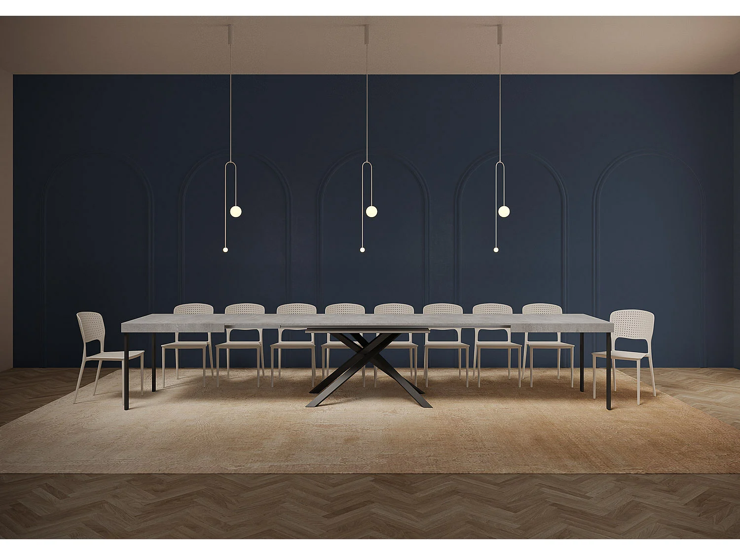 Table extensible 200/460x90 cm Karida effet gris béton pieds anthracite